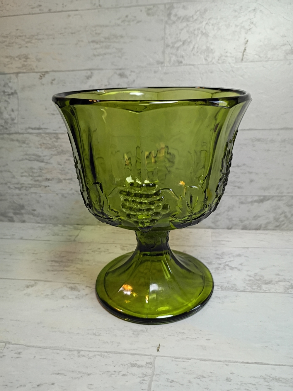 Vintage Indiana Glass “Harvest Grape” Compote Pedestal Candy Dish in Avocado Gre